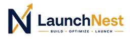 LaunchNest wordmark for light backgrounds — navy LaunchNest text with gold arrow through the N and Build · Optimize · Launch tagline