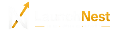 LaunchNest wordmark for dark backgrounds — white and gold LaunchNest text with Build · Optimize · Launch tagline